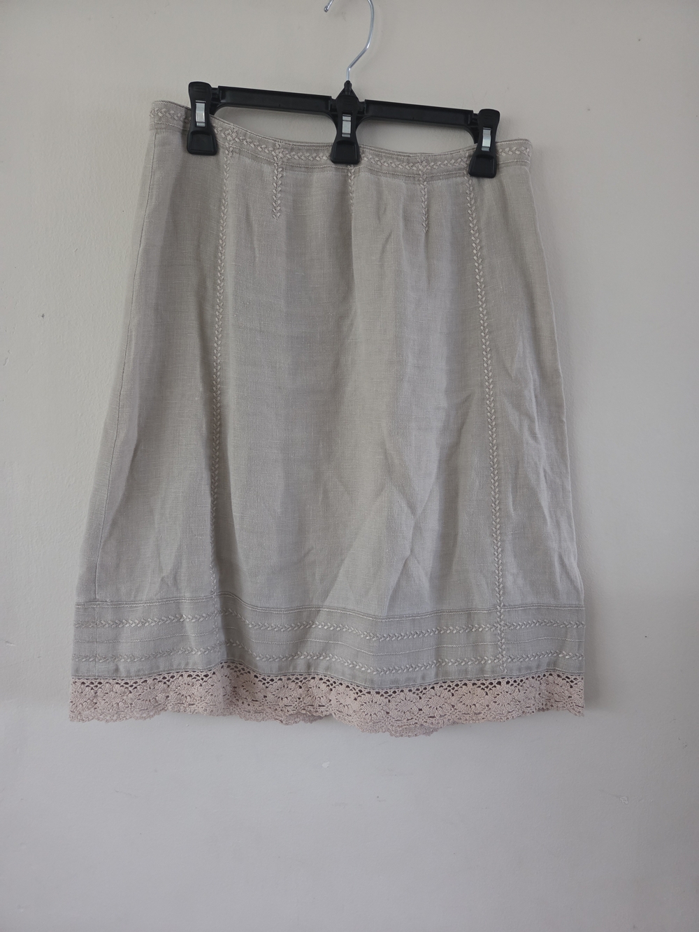 J. Jill Light Beige Midi Skirt with Crochet Hem 100% Linen 6P Timeless Look